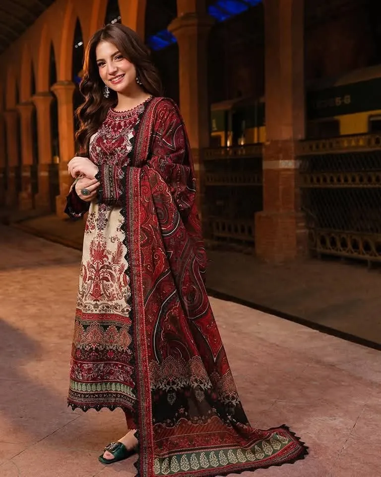 Digital Print Micro Stitch Three Piece with Lace, Sizes 36 to 46