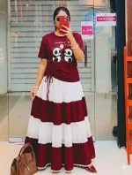 Women's Georgette Skirt and Pure Cotton T-Shirt Set, Free Size