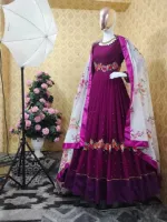 Georgette Embroidered Party Gown with Butterfly Salwar, 52 Inch
