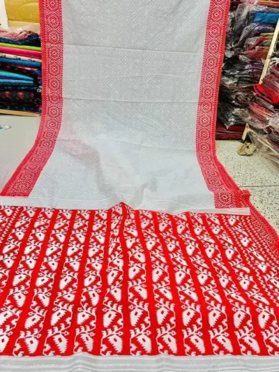 Red Paar White Half Silk Saree, 12.5 Haath, 6 Colours