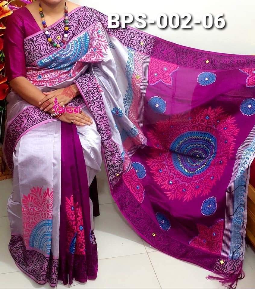Women's Half Silk Hand Print Saree in 6 Shades, 12 Haath