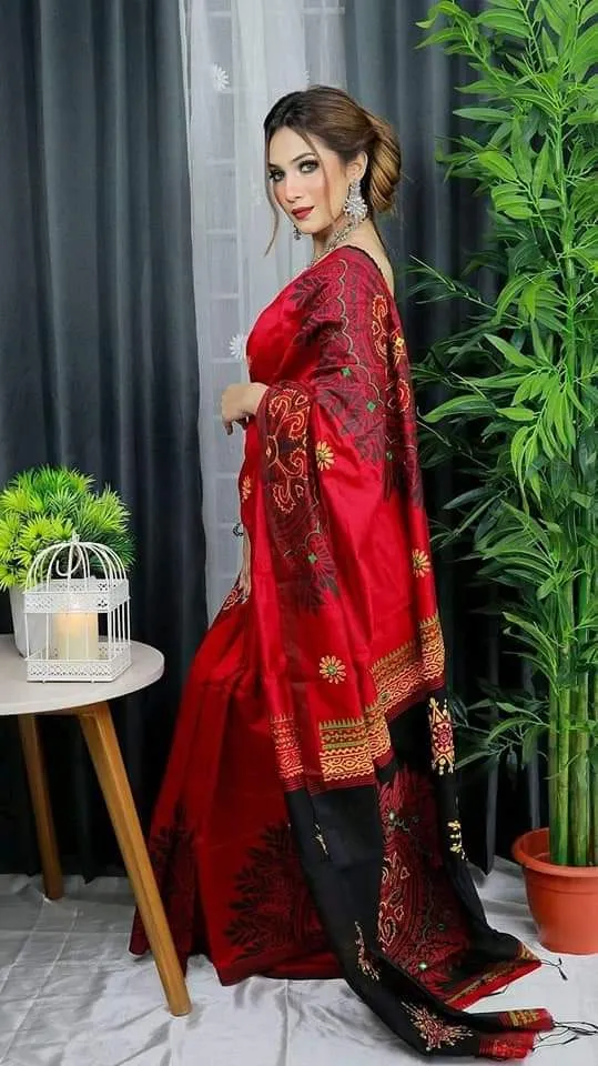 Women's Hand Print Half Silk Saree, 12 Haath Long