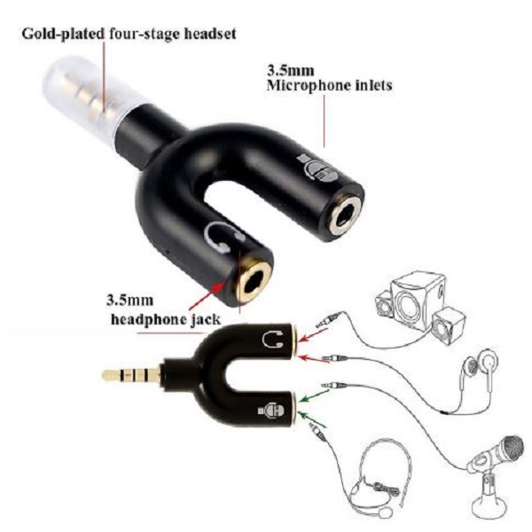 U-Shape Converter- 3.5mm Audio Splitter For Headphone and Microphone- Black