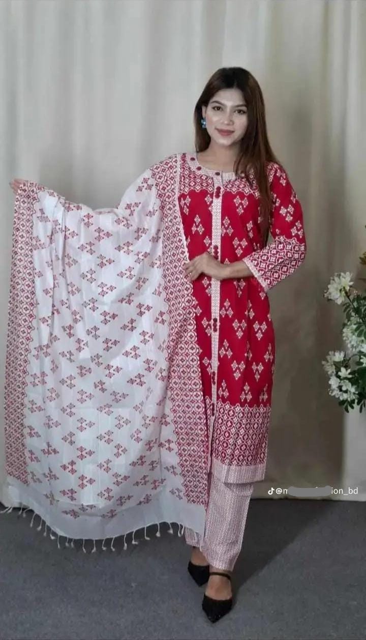 Readymade Cotton Three Piece with Lace Work, Cotton Orna, 4 Colours
