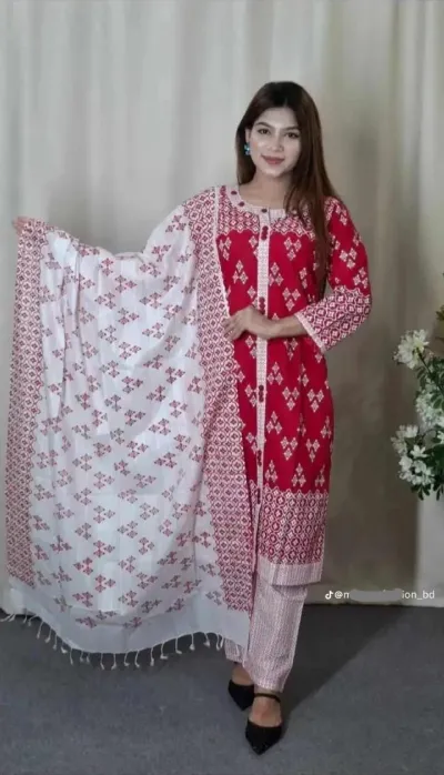 Readymade Cotton Three Piece with Lace Work, Cotton Orna, 4 Colours