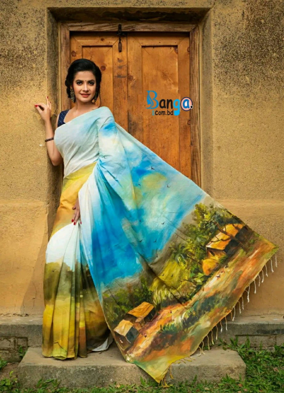 Brush Painted Half Silk Saree, Hand Work in 6 Colours