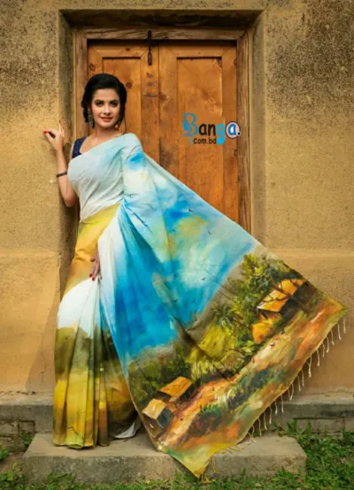 Brush Painted Half Silk Saree, Hand Work in 6 Colours