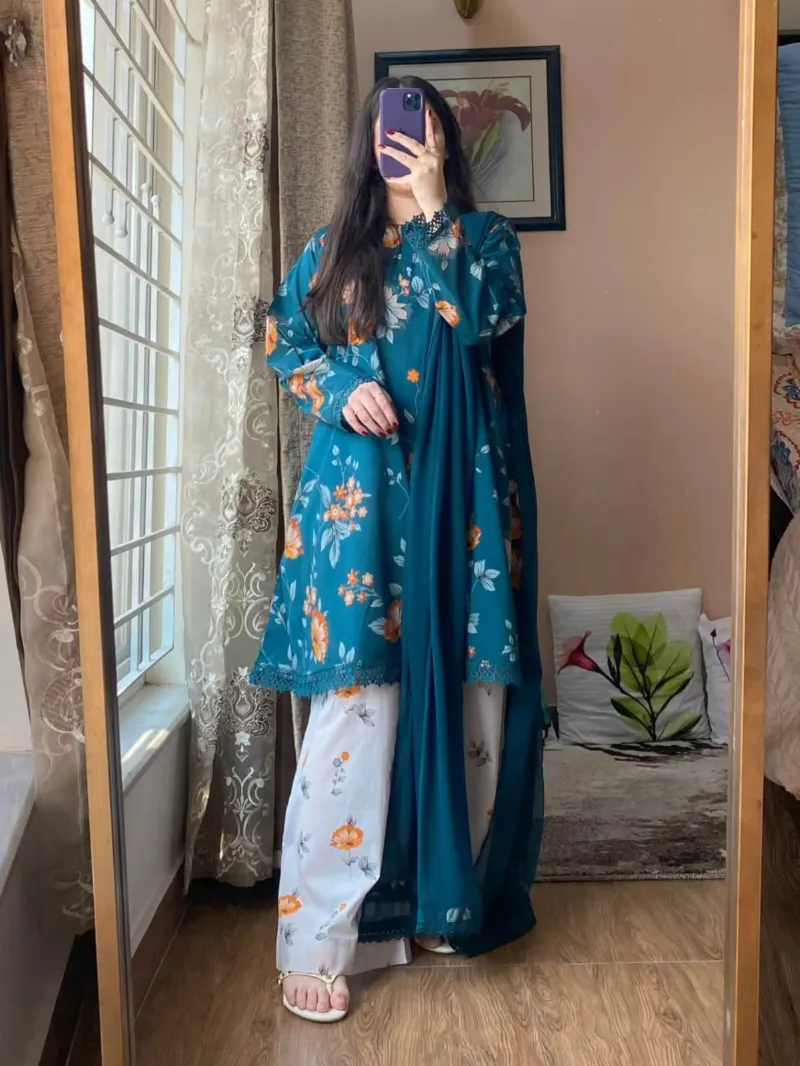 Floral Digital Print Three Piece with Lace and Tassel Work