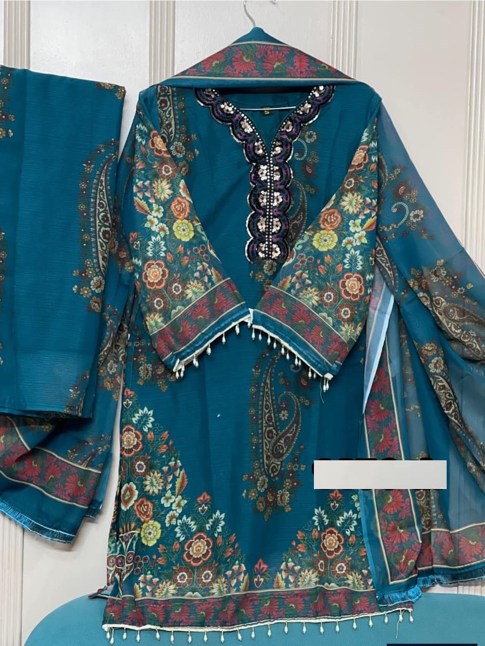 Women's Georgette Three Piece with Computer Embroidery and Beads