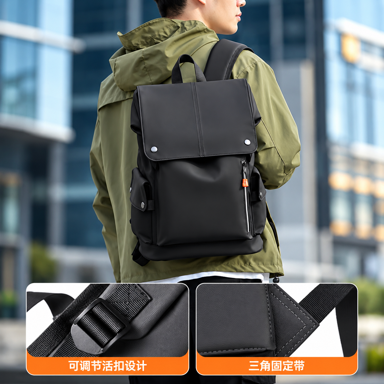 Men's Premium Waterproof PU Leather Laptop Backpack - Black