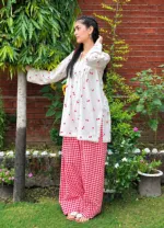 Women's Slub Cotton Two Piece with Screen Print and Check Pant