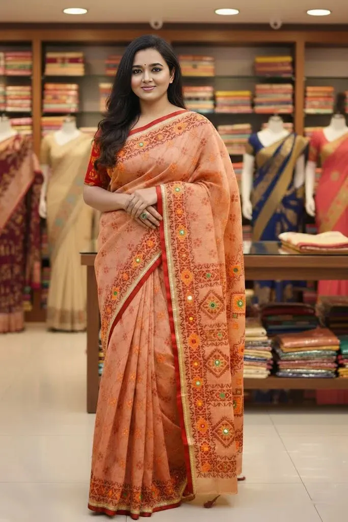 Screen Print Silk Saree with Tassels and Running Blouse Piece
