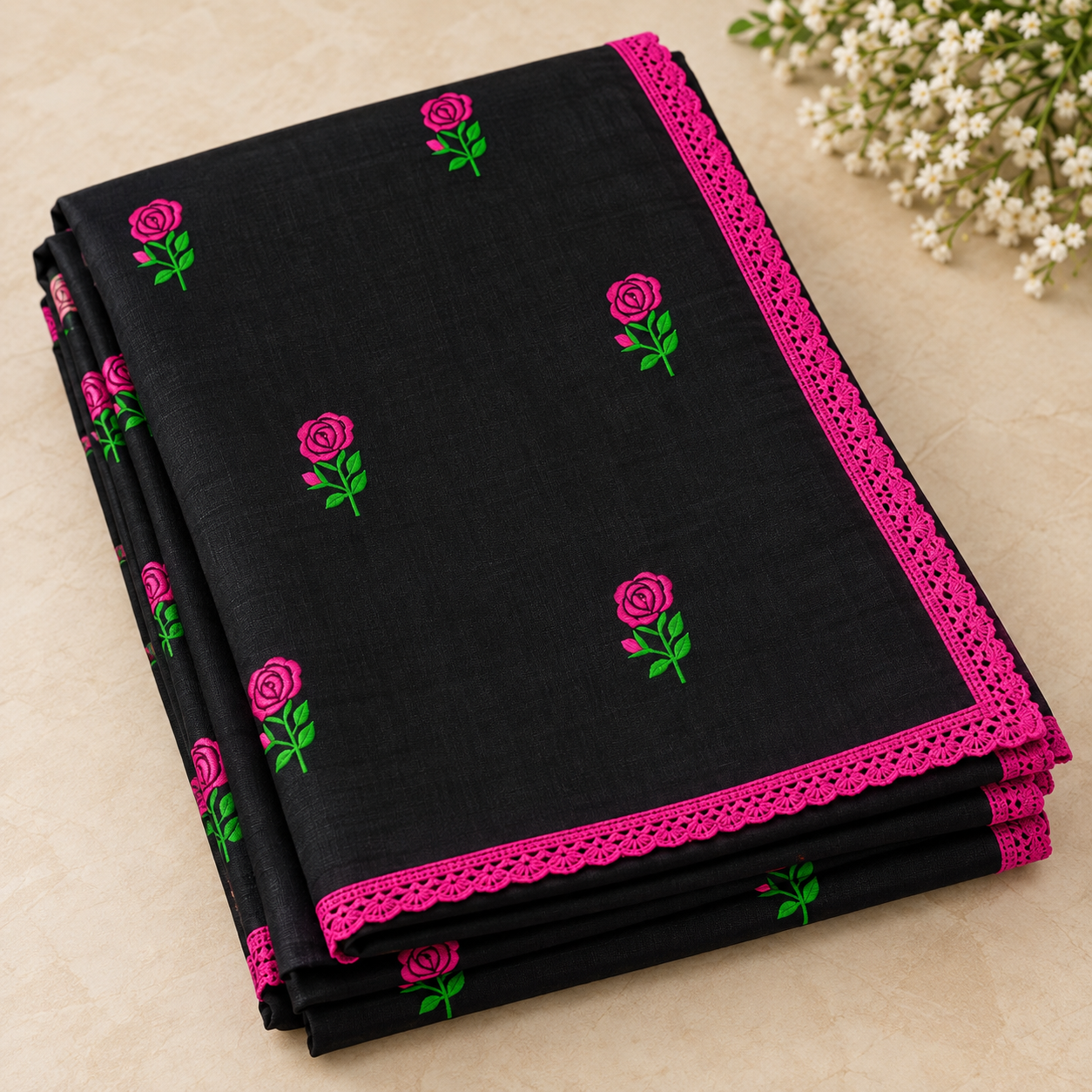 Exclusive glamorous black cotton saree featuring rose embroidery and a lace border.