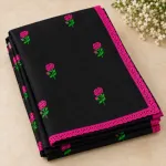 Glamorous Black Cotton Saree with Rose Embroidery & Pink Lace Border