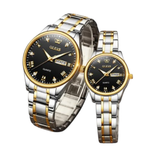Olevs 5563 Couple Watch tow tone chain (black dial)