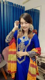 Linen Embroidery Sequin Three Piece with Butter Silk Salwar