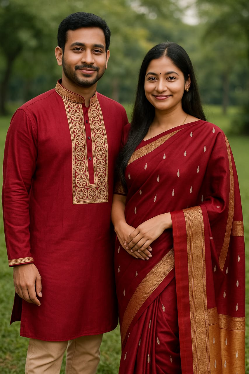 Mahisha Saree and Panjabi Couple Set, 13 Haath with Blouse Piece