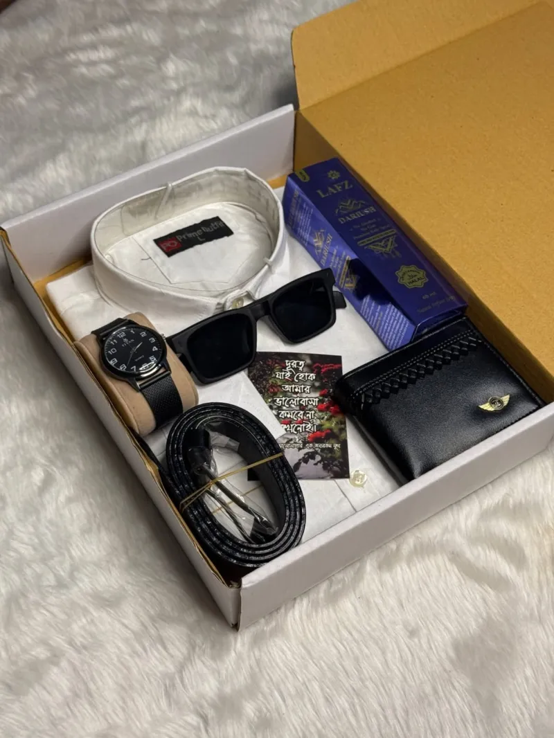 Men's Cotton Shirt Gift Box Set with Belt, Sunglasses and Watch