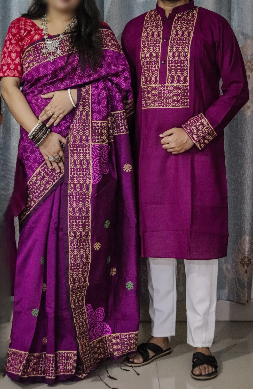 Couple Dhupian Silk Saree and Panjabi Set with Block Print