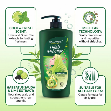 Follow Me Green Tea Hijab Micellar Hair Fall Solution Shampoo 650ml (Malaysia)