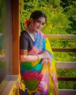 Rainbow Afsan Print Half Silk Saree, Hand and Block Print