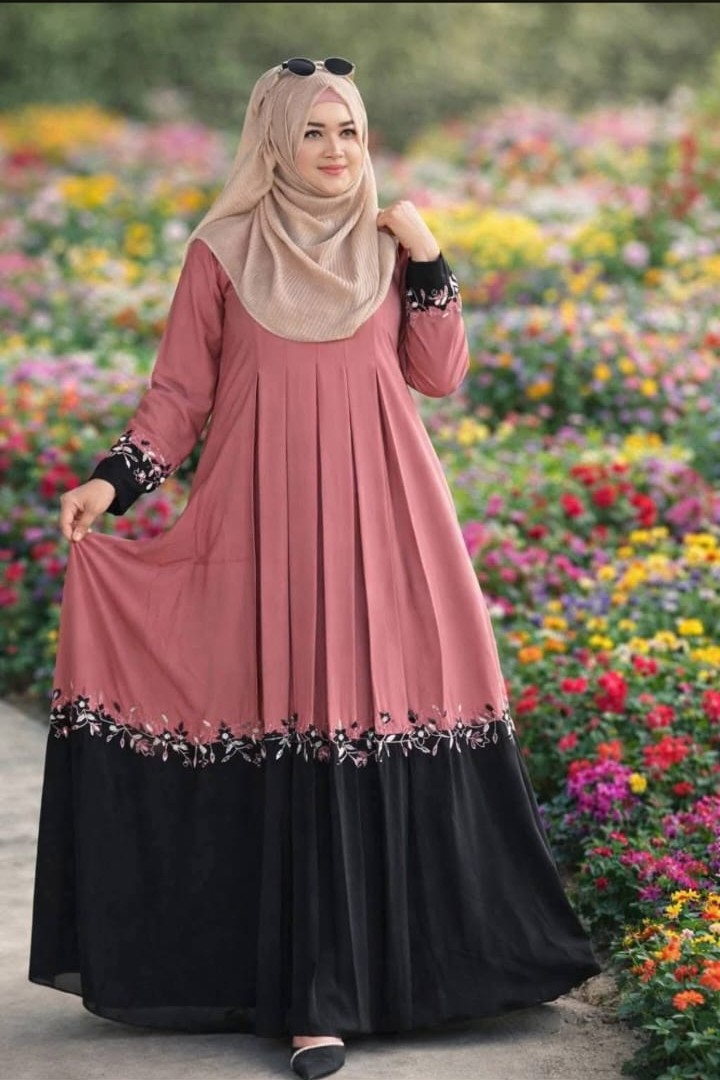 Contrast Embroidery Borka in Cherry Fabric, Hijab Not Included