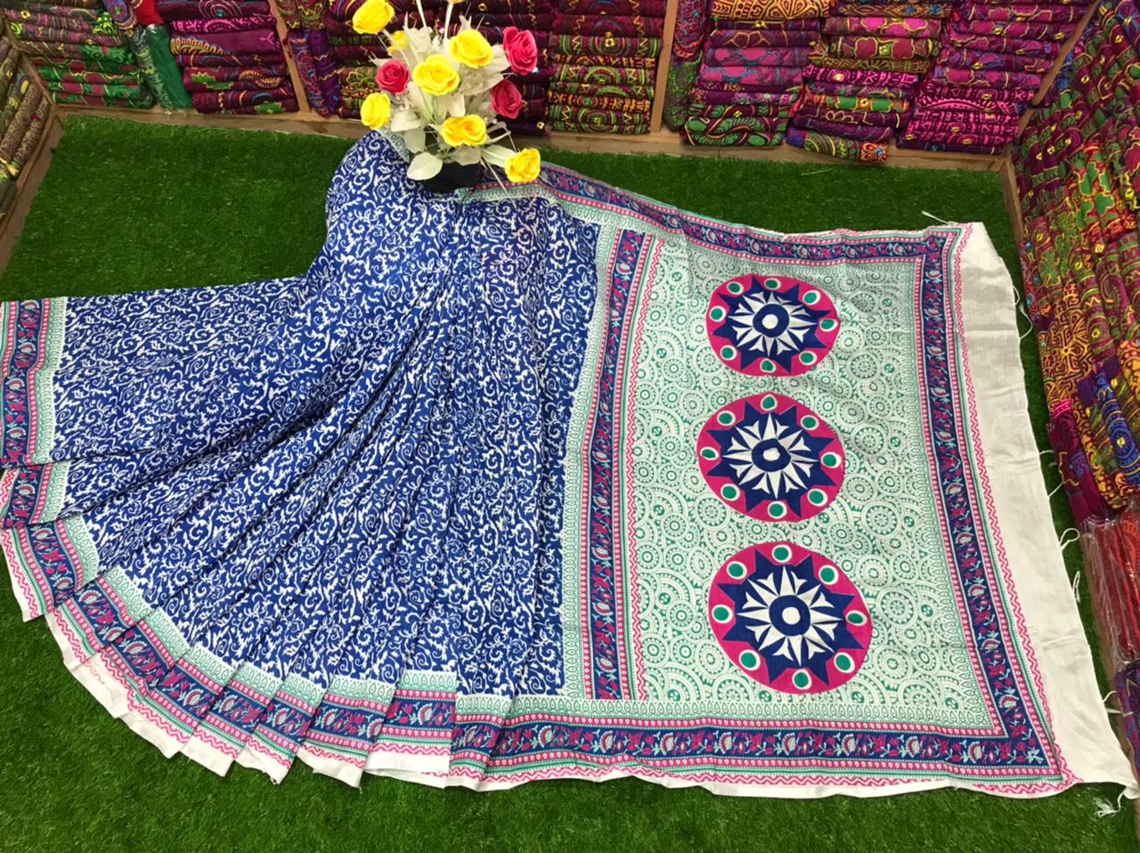 Dhupian Silk Embroidery Saree with Block Print in 6 Colours