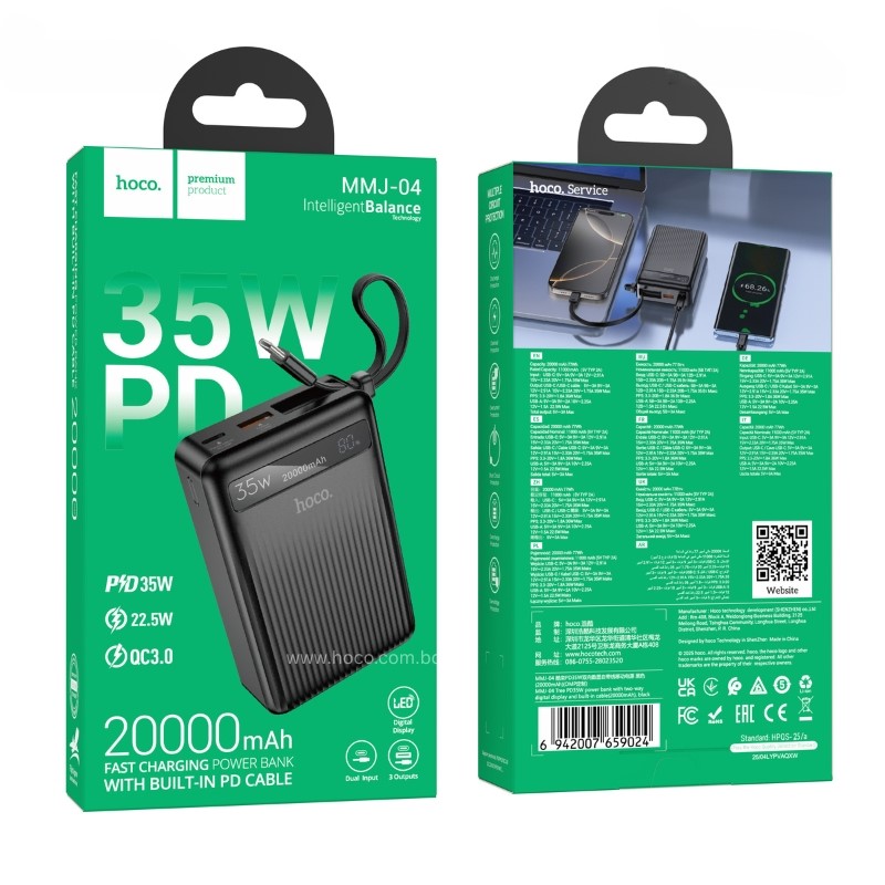 Hoco MMJ-04 20000mAh 35W PD Fast Charging Power Bank with Built-in Type-C Cable, LED Digital Display, QC3.0 & 22.5W Super Fast Charger for iPhone, Samsung, iPad & Type-C Devices