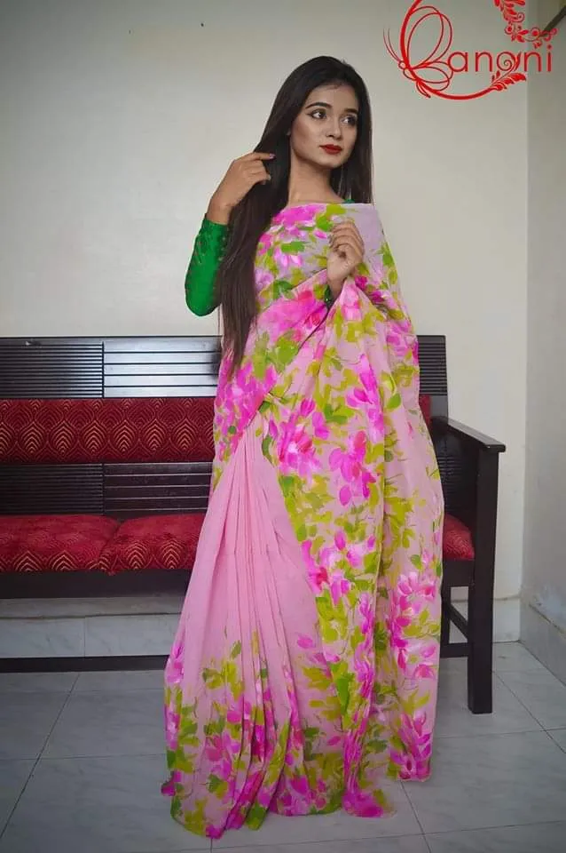 Brush Painted Half Silk Saree, Hand Work in 6 Colours