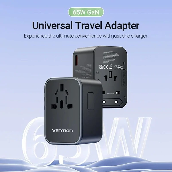 Vention 3-Port USB (C + C + A) GaN Universal Travel Adapter