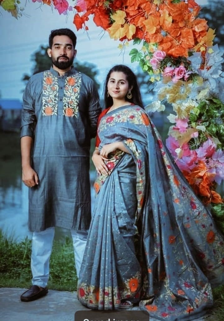 Dhupian Silk Saree and Panjabi Couple Set with Screen Print Work