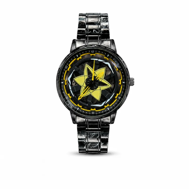360° Rotating Car Wheel Rim Quartz Watch – Matte Black Sports Wristwatch
