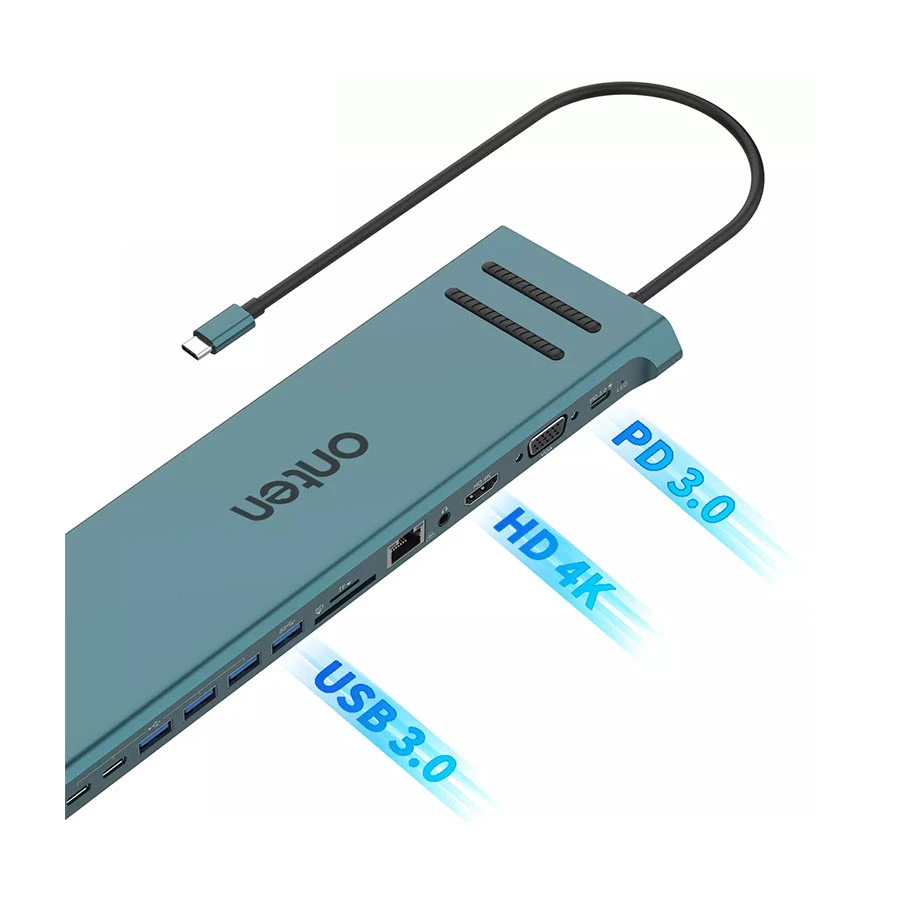 Onten OTN-9199A USB-C Multiport Hub with HDMI, VGA, LAN and PD, Teal