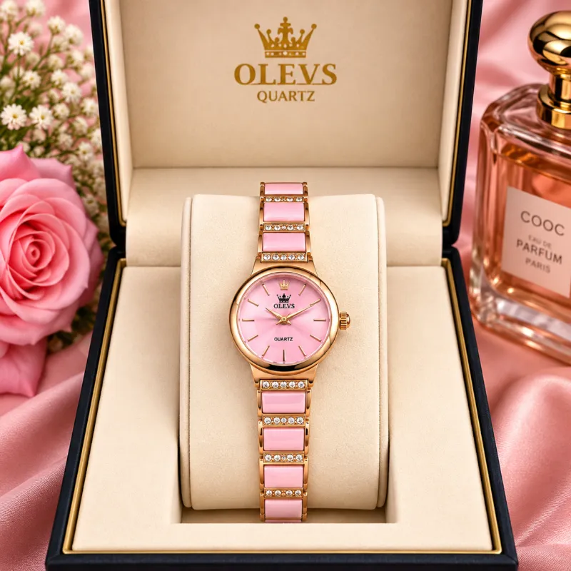 OLEVS Rose Gold & White Ceramic Diamond Luxury Women's Quartz Watch