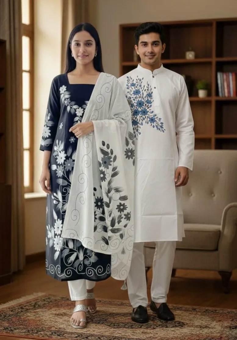 Matching Couple Dress, Unstitched Three Piece with Panjabi 38 to 46