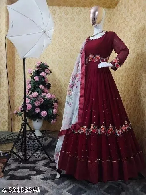 Georgette Embroidered Party Gown with Butterfly Salwar, 52 Inch