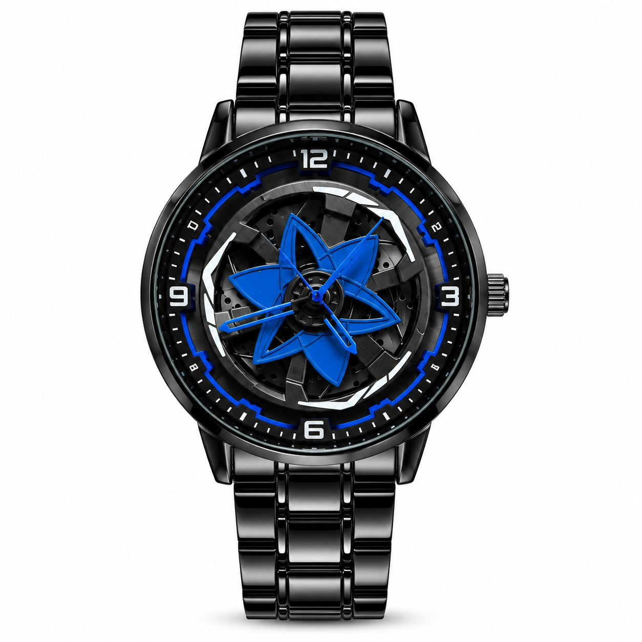 360° Rotating Car Wheel Rim Quartz Watch – Matte Black Metal Sports Wristwatch, 3D Alloy Rim & Brake Disc Dial, Stainless Steel Strap & Scratch-Resistant Glass for Men