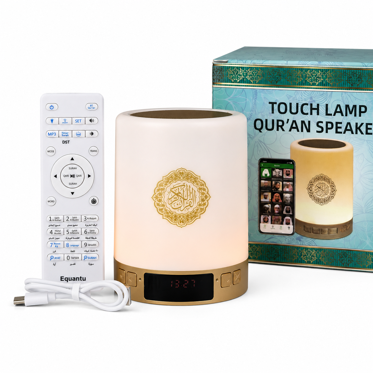 SQ-112 Smart Touch Lamp Quran Speaker – Touch Control LED Night Light with Full Quran Recitation, Azan Time, Remote & Mobile App Control
