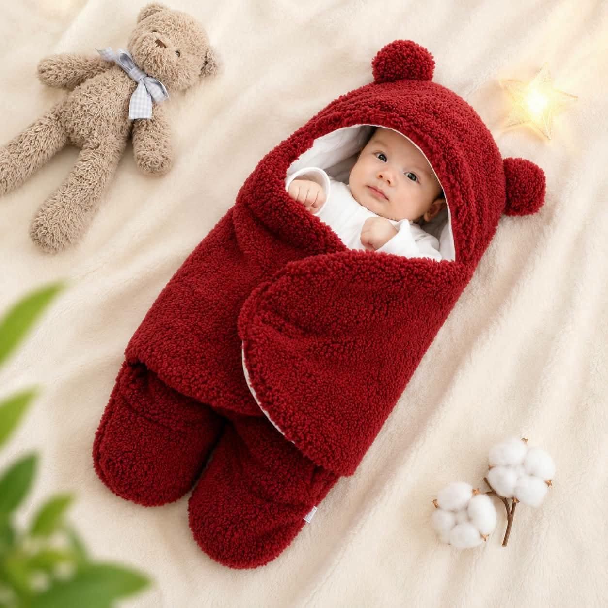 Baby Wrap Blanket with Bear Hood, Soft Fluffy Fabric, 4 Colours