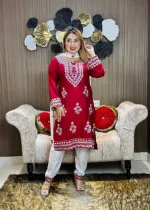Chikankari Necklace Embroidery Cotton Three Piece, Rayon Silk Orna