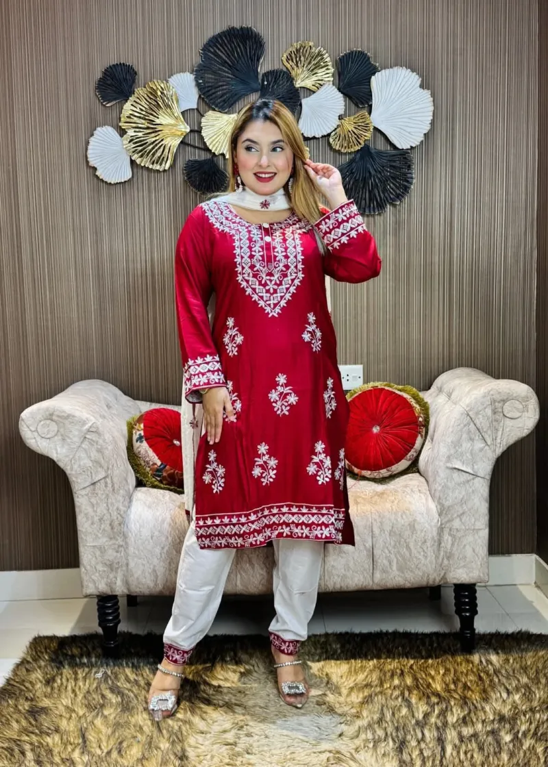 Chikankari Necklace Embroidery Cotton Three Piece, Rayon Silk Orna