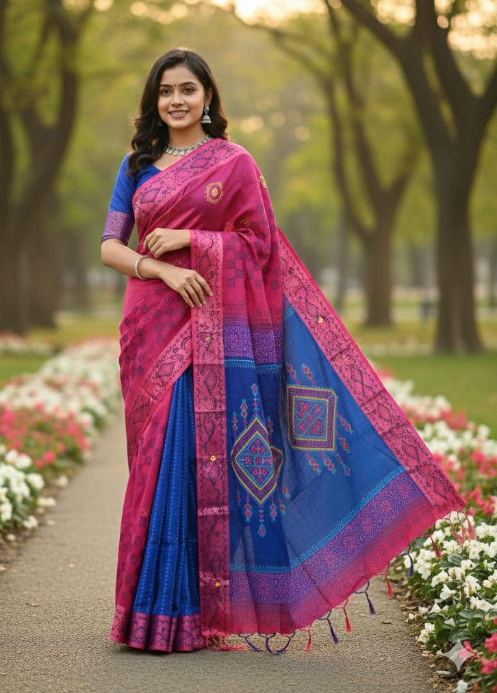 Embroidered Block Print Dhupian Silk Saree in 6 Colours