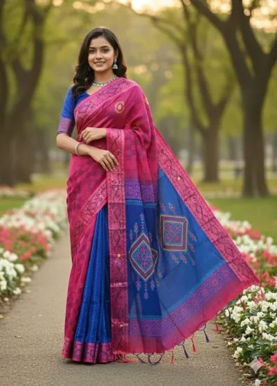 Embroidered Block Print Dhupian Silk Saree in 6 Colours