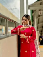 Women's Jhumka Embroidery AC Cotton Three Piece with Printed Orna
